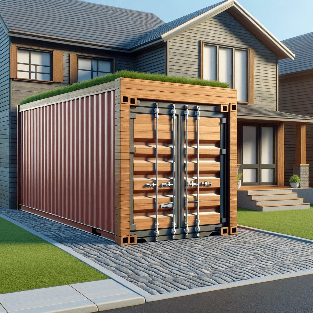 House with green roof cladded container in driveway